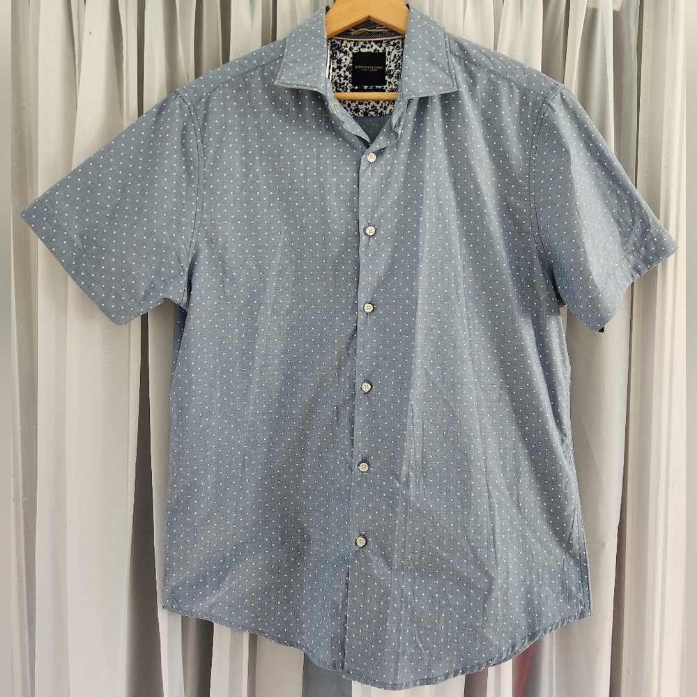 Denim & Flower Ricky Singh blue short sleeve oxford shirt with white polka dots